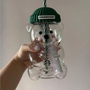 Starbucks Bear-Shaped Glass with Green Lid and Straw